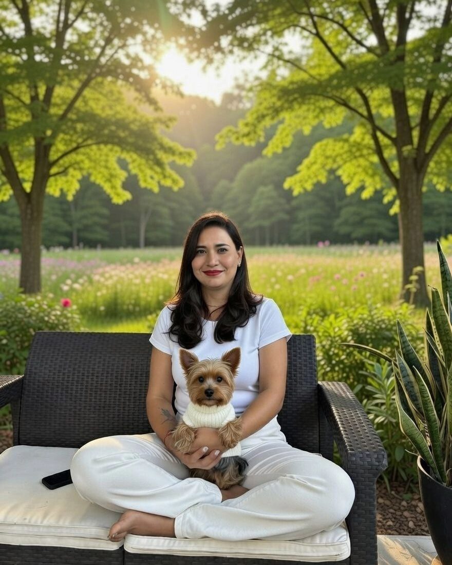 Priscila Guzmán sentada al aire libre con su perro en el regazo
